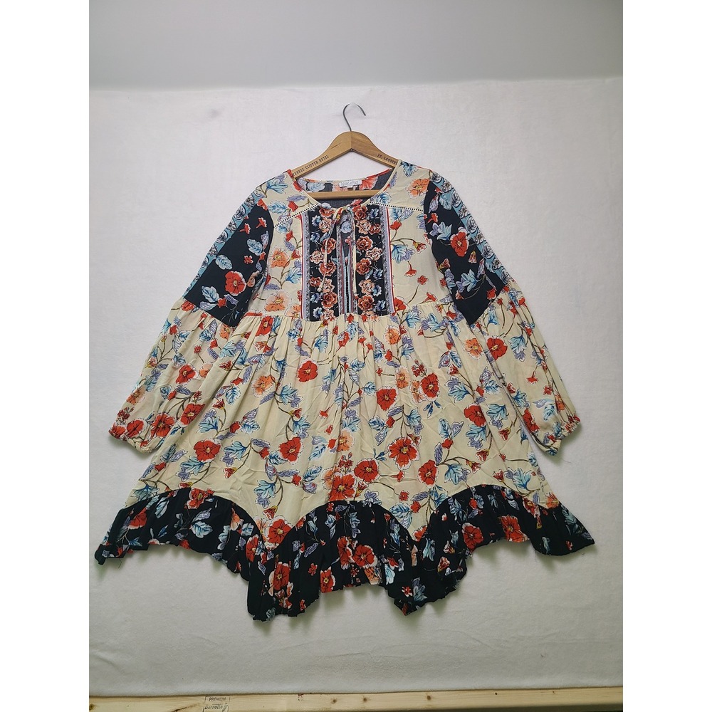 Patrons of Peace Small Dress Boho Floral Babydoll Multi-Color Bell Sleeve Rayon